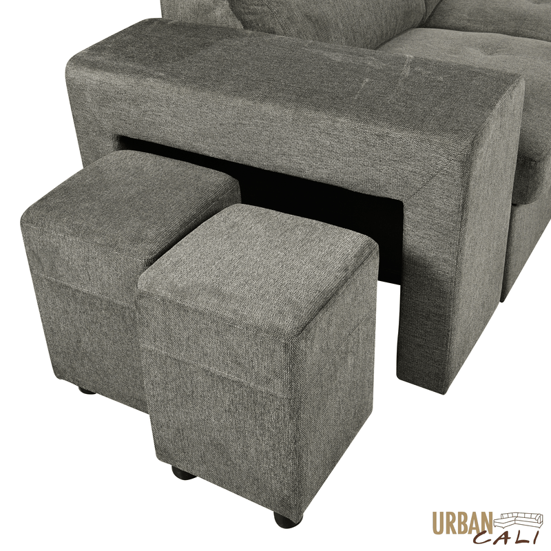 Urban Cali Sectional Sonoma 103.5" Wide Sleeper Sectional Sofa Bed with Reversible Storage Chaise and 2 Stools - Available in 2 Colours