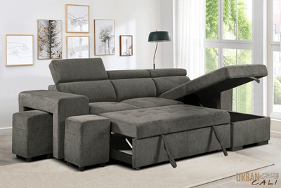 Urban Cali Sectional Sonoma 103.5" Wide Sleeper Sectional Sofa Bed with Reversible Storage Chaise and 2 Stools - Available in 2 Colours