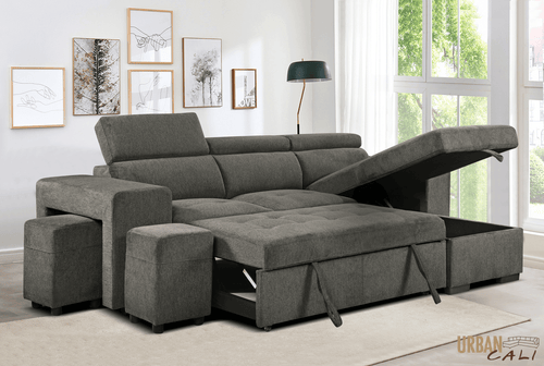 Urban Cali Sectional Sonoma 103.5" Wide Sleeper Sectional Sofa Bed with Reversible Storage Chaise and 2 Stools - Available in 2 Colours