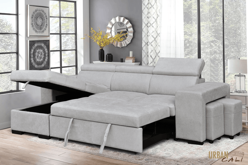 Urban Cali Sectional Sonoma Sleeper Sectional Sofa Bed with Reversible Storage Chaise and 2 Stools in Canvas Grey