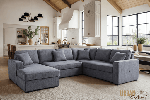 Urban Cali Sleeper Sectional Atherton 123.25" Wide Large Sleeper Sectional Sofa Bed with Storage Chaise in Mecca Grey