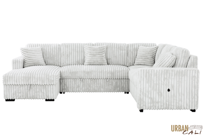 Urban Cali Sleeper Sectional Atherton 123.25" Wide Opulence Plush Minky Corduroy Large Sleeper Sectional Sofa Bed with Storage Chaise - Available in 2 Colours