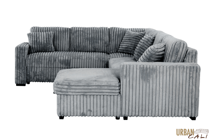Urban Cali Sleeper Sectional Atherton 123.25" Wide Opulence Plush Minky Corduroy Large Sleeper Sectional Sofa Bed with Storage Chaise - Available in 2 Colours