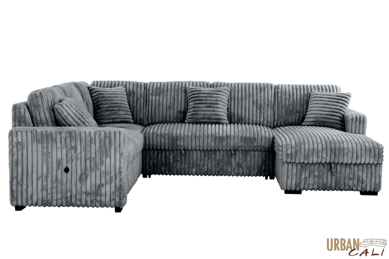 Urban Cali Sleeper Sectional Atherton 123.25" Wide Opulence Plush Minky Corduroy Large Sleeper Sectional Sofa Bed with Storage Chaise - Available in 2 Colours