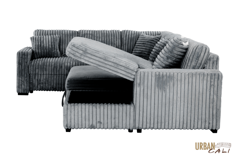 Urban Cali Sleeper Sectional Atherton 123.25" Wide Opulence Plush Minky Corduroy Large Sleeper Sectional Sofa Bed with Storage Chaise - Available in 2 Colours