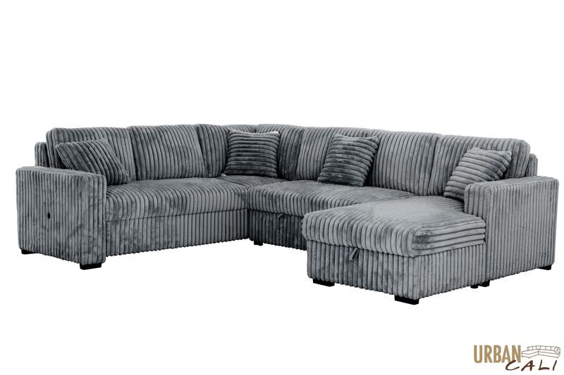Urban Cali Sleeper Sectional Atherton 123.25" Wide Opulence Plush Minky Corduroy Large Sleeper Sectional Sofa Bed with Storage Chaise - Available in 2 Colours