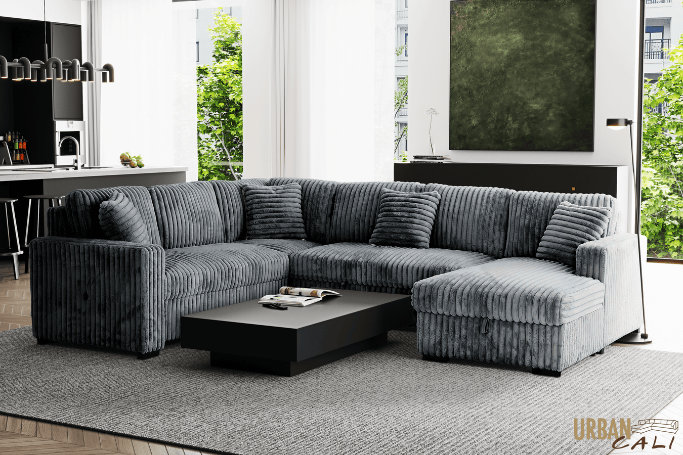Urban Cali Sleeper Sectional Atherton 123.25" Wide Opulence Plush Minky Corduroy Large Sleeper Sectional Sofa Bed with Storage Chaise - Available in 2 Colours