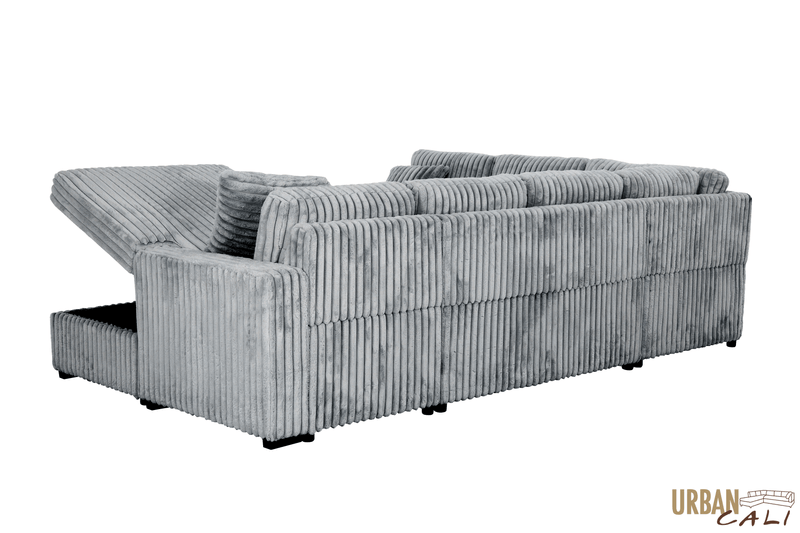 Urban Cali Sleeper Sectional Atherton 123.25" Wide Opulence Plush Minky Corduroy Large Sleeper Sectional Sofa Bed with Storage Chaise - Available in 2 Colours