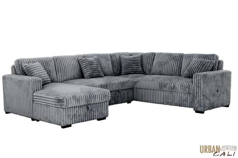 Urban Cali Sleeper Sectional Atherton 123.25" Wide Opulence Plush Minky Corduroy Large Sleeper Sectional Sofa Bed with Storage Chaise - Available in 2 Colours