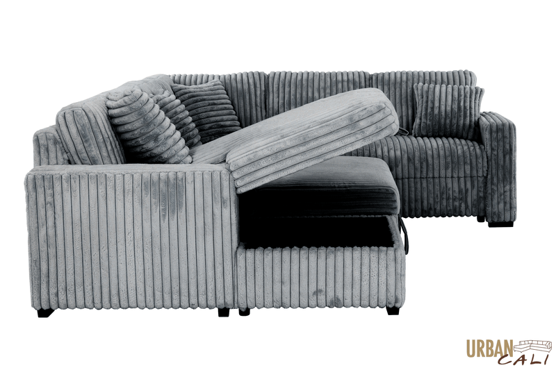 Urban Cali Sleeper Sectional Atherton 123.25" Wide Opulence Plush Minky Corduroy Large Sleeper Sectional Sofa Bed with Storage Chaise - Available in 2 Colours