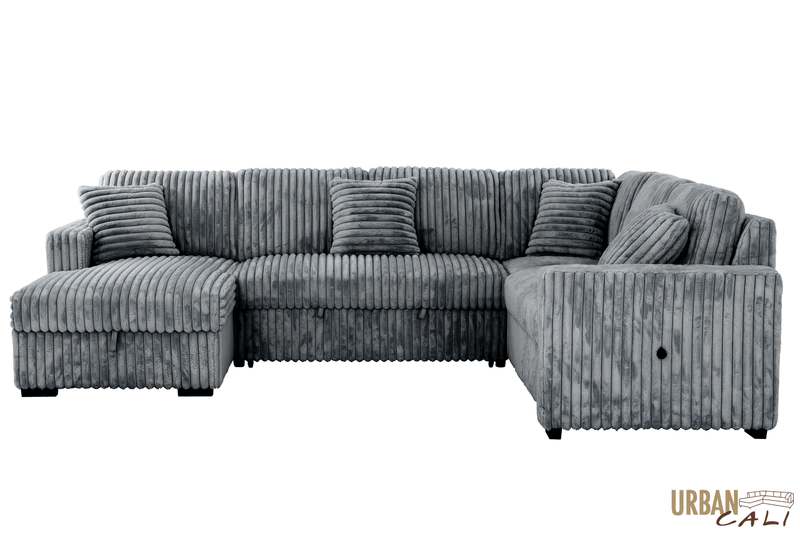 Urban Cali Sleeper Sectional Atherton 123.25" Wide Opulence Plush Minky Corduroy Large Sleeper Sectional Sofa Bed with Storage Chaise - Available in 2 Colours