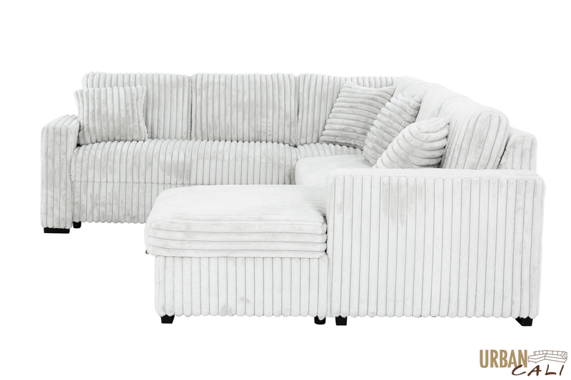 Urban Cali Sleeper Sectional Atherton Opulence Plush Light Grey Corduroy Large Sleeper Sectional Sofa Bed with Storage Chaise