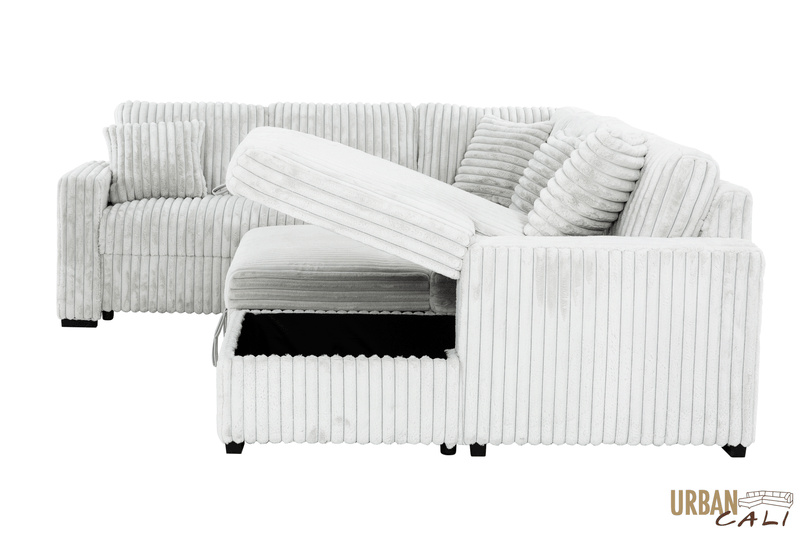 Urban Cali Sleeper Sectional Atherton Opulence Plush Light Grey Corduroy Large Sleeper Sectional Sofa Bed with Storage Chaise