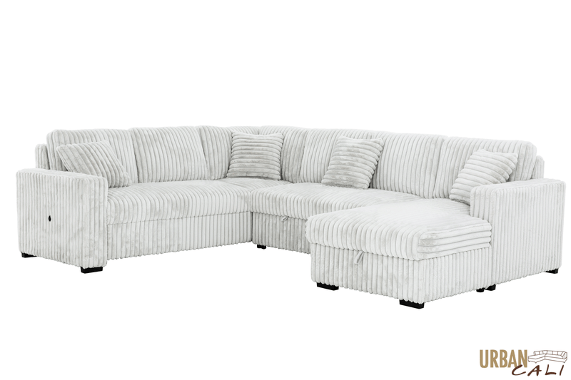 Urban Cali Sleeper Sectional Atherton Opulence Plush Light Grey Corduroy Large Sleeper Sectional Sofa Bed with Storage Chaise