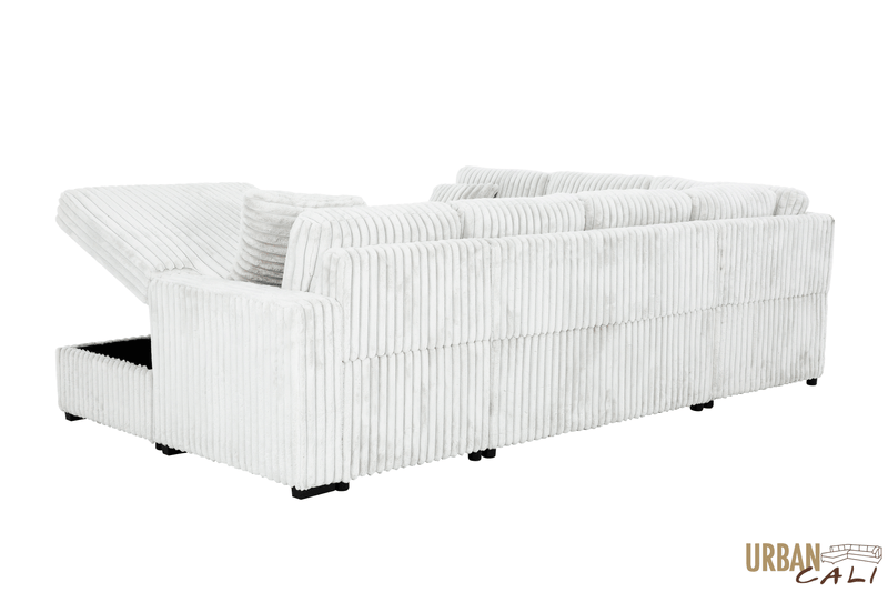 Urban Cali Sleeper Sectional Atherton Opulence Plush Light Grey Corduroy Large Sleeper Sectional Sofa Bed with Storage Chaise
