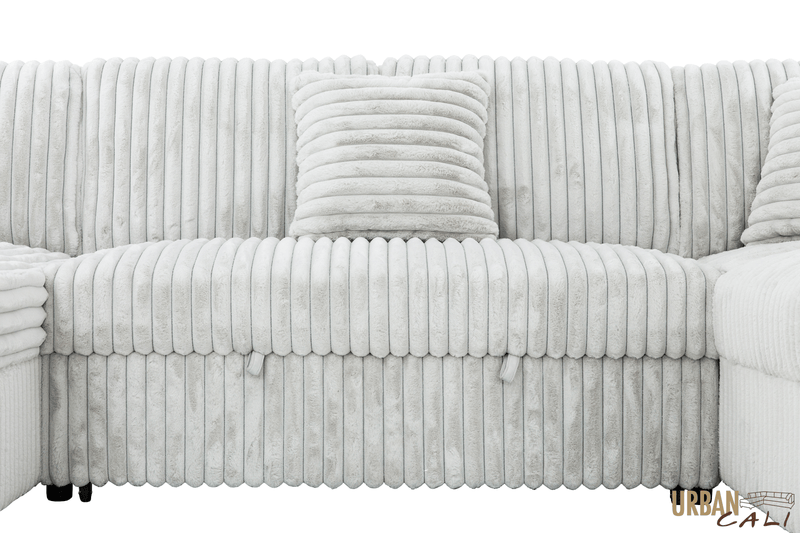 Urban Cali Sleeper Sectional Atherton Opulence Plush Light Grey Corduroy Large Sleeper Sectional Sofa Bed with Storage Chaise