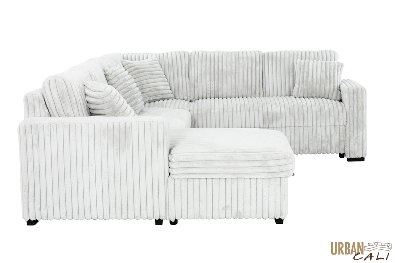 Urban Cali Sleeper Sectional Atherton Opulence Plush Light Grey Corduroy Large Sleeper Sectional Sofa Bed with Storage Chaise