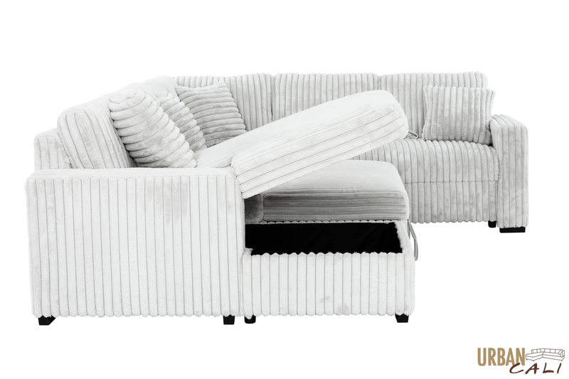 Urban Cali Sleeper Sectional Atherton Opulence Plush Light Grey Corduroy Large Sleeper Sectional Sofa Bed with Storage Chaise