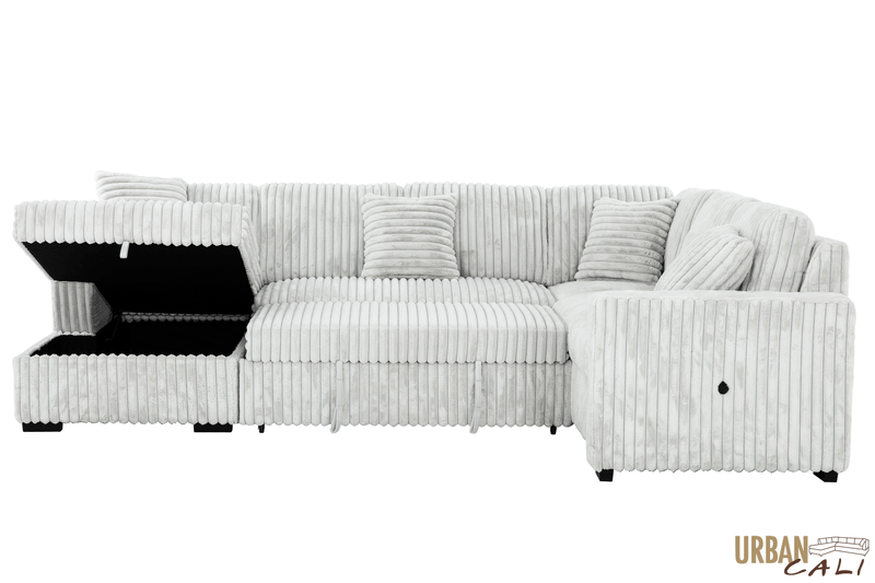 Urban Cali Sleeper Sectional Atherton Opulence Plush Light Grey Corduroy Large Sleeper Sectional Sofa Bed with Storage Chaise
