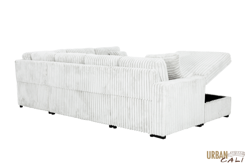 Urban Cali Sleeper Sectional Atherton Opulence Plush Light Grey Corduroy Large Sleeper Sectional Sofa Bed with Storage Chaise