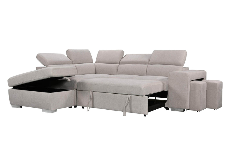 Urban Cali Sleeper Sectional Beige / Left Facing Chaise Pasadena Large Sleeper Sectional Sofa Bed with Storage Ottoman and 2 Stools - Available in 4 Colours
