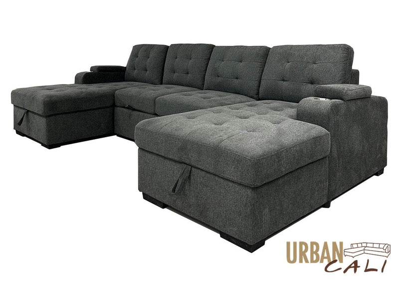 Urban Cali Sleeper Sectional Lancaster U-Shaped Sleeper Sectional Sofa Bed with Storage Chaises in Belfast Charcoal