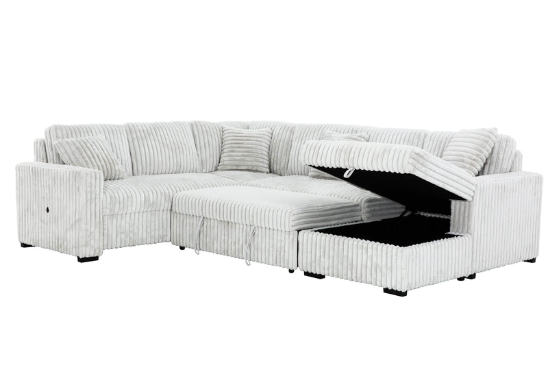 Urban Cali Sleeper Sectional Light Grey / Right Facing Chaise Atherton 123.25" Wide Opulence Plush Minky Corduroy Large Sleeper Sectional Sofa Bed with Storage Chaise - Available in 2 Colours
