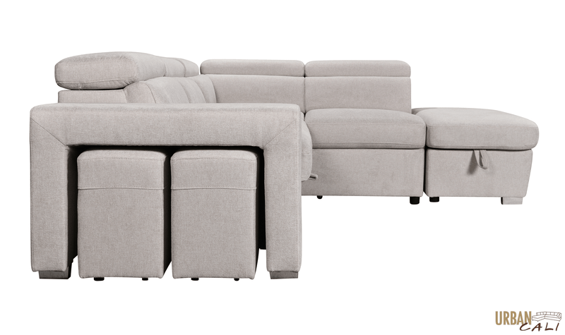 Urban Cali Sleeper Sectional Pasadena Large Sleeper Sectional Sofa Bed with Storage Ottoman and 2 Stools - Available in 3 Colours