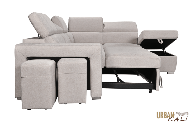 Urban Cali Sleeper Sectional Pasadena Large Sleeper Sectional Sofa Bed with Storage Ottoman and 2 Stools - Available in 3 Colours