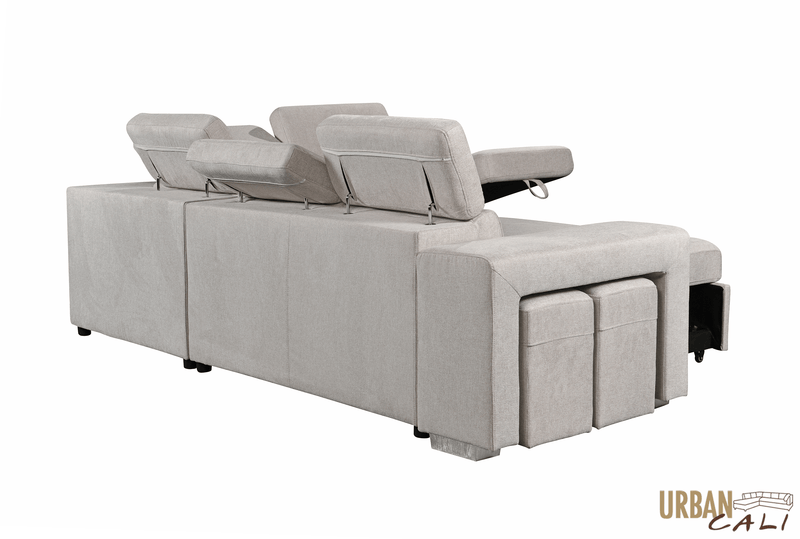 Urban Cali Sleeper Sectional Pasadena Large Sleeper Sectional Sofa Bed with Storage Ottoman and 2 Stools - Available in 3 Colours