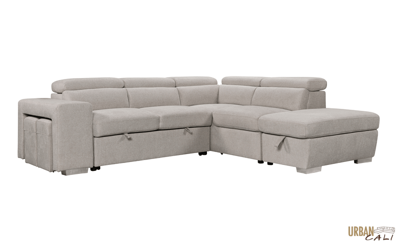 Urban Cali Sleeper Sectional Pasadena Large Sleeper Sectional Sofa Bed with Storage Ottoman and 2 Stools - Available in 3 Colours