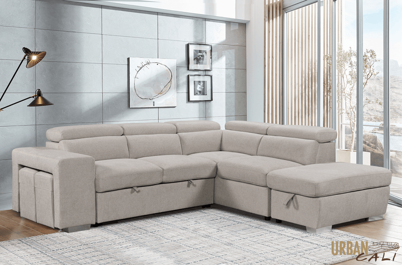 Urban Cali Sleeper Sectional Pasadena Large Sleeper Sectional Sofa Bed with Storage Ottoman and 2 Stools - Available in 3 Colours
