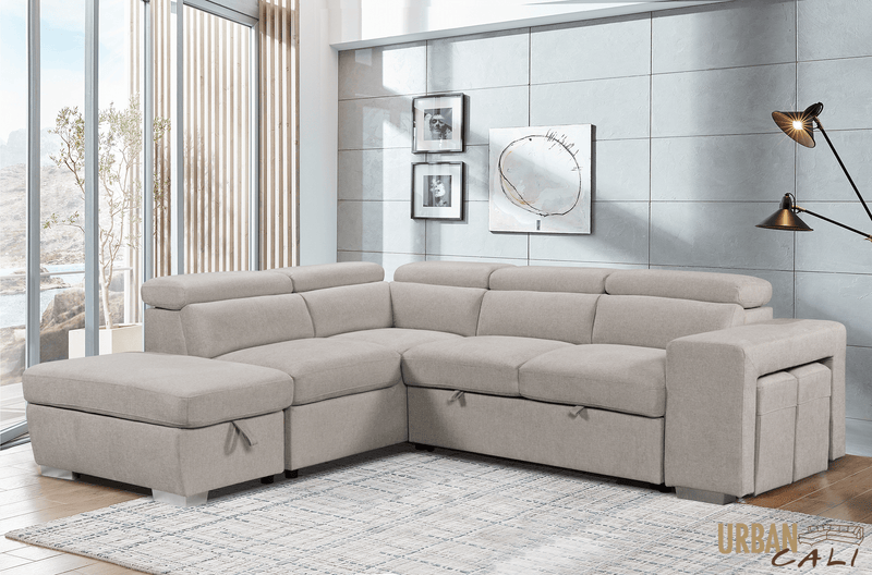 Urban Cali Sleeper Sectional Pasadena Large Sleeper Sectional Sofa Bed with Storage Ottoman and 2 Stools - Available in 3 Colours