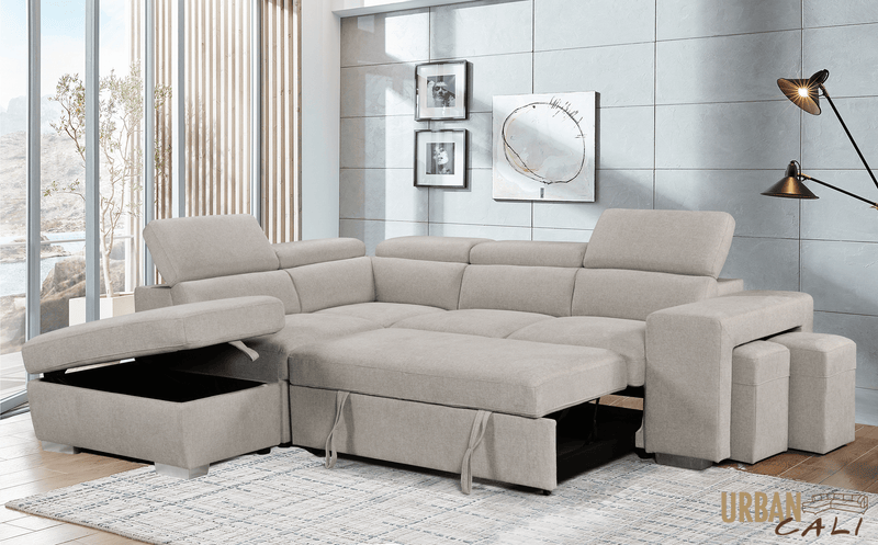 Urban Cali Sleeper Sectional Pasadena Large Sleeper Sectional Sofa Bed with Storage Ottoman and 2 Stools - Available in 3 Colours