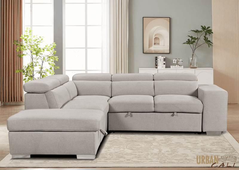 Urban Cali Sleeper Sectional Pasadena Large Sleeper Sectional Sofa Bed with Storage Ottoman and 2 Stools - Available in 3 Colours