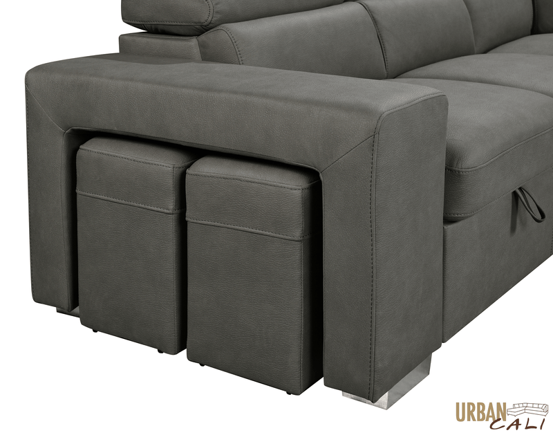 Urban Cali Sleeper Sectional Pasadena Large Sleeper Sectional Sofa Bed with Storage Ottoman and 2 Stools - Available in 3 Colours