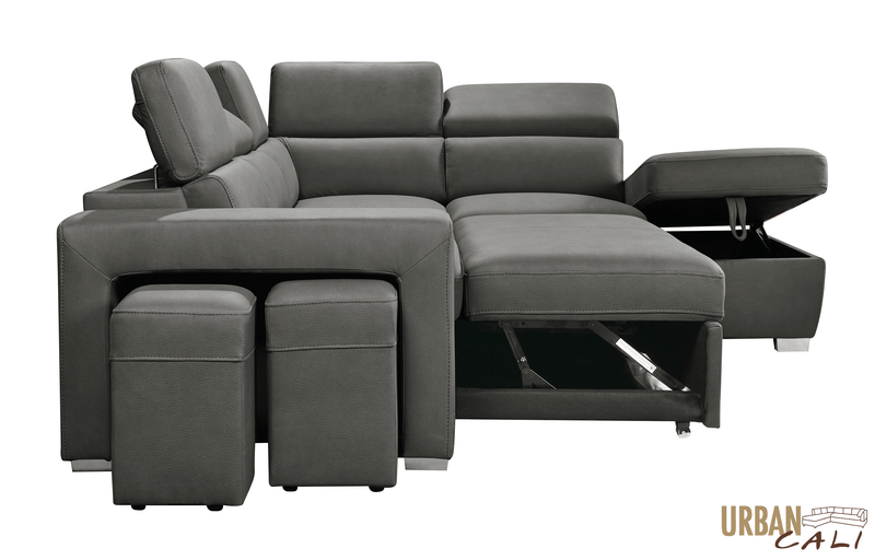 Urban Cali Sleeper Sectional Pasadena Large Sleeper Sectional Sofa Bed with Storage Ottoman and 2 Stools - Available in 3 Colours