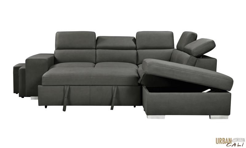 Urban Cali Sleeper Sectional Pasadena Large Sleeper Sectional Sofa Bed with Storage Ottoman and 2 Stools - Available in 3 Colours