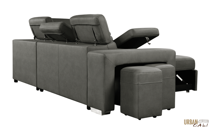 Urban Cali Sleeper Sectional Pasadena Large Sleeper Sectional Sofa Bed with Storage Ottoman and 2 Stools - Available in 3 Colours