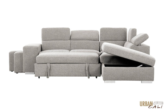 Urban Cali Sleeper Sectional Pasadena Large Sleeper Sectional Sofa Bed with Storage Ottoman and 2 Stools - Available in 3 Colours