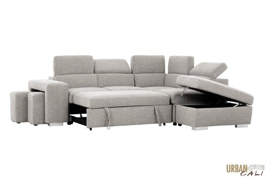 Urban Cali Sleeper Sectional Pasadena Large Sleeper Sectional Sofa Bed with Storage Ottoman and 2 Stools - Available in 3 Colours