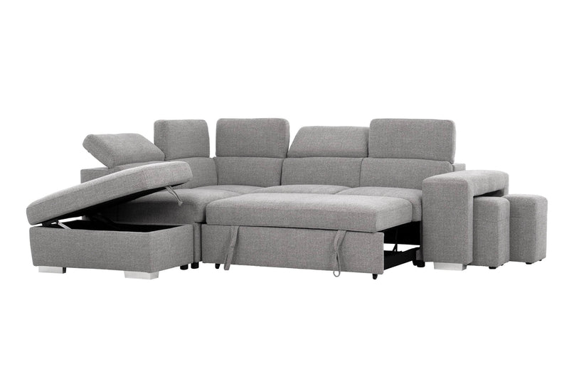 Urban Cali Sleeper Sectional Thora Stone / Left Facing Chaise Pasadena Large Sleeper Sectional Sofa Bed with Storage Ottoman and 2 Stools - Available in 4 Colours