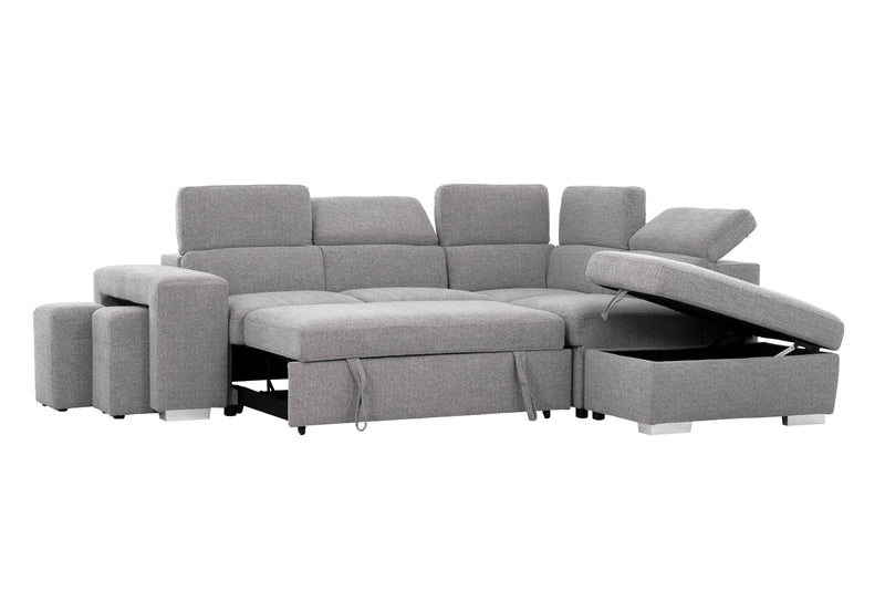Urban Cali Sleeper Sectional Thora Stone / Right Facing Chaise Pasadena Large Sleeper Sectional Sofa Bed with Storage Ottoman and 2 Stools - Available in 4 Colours