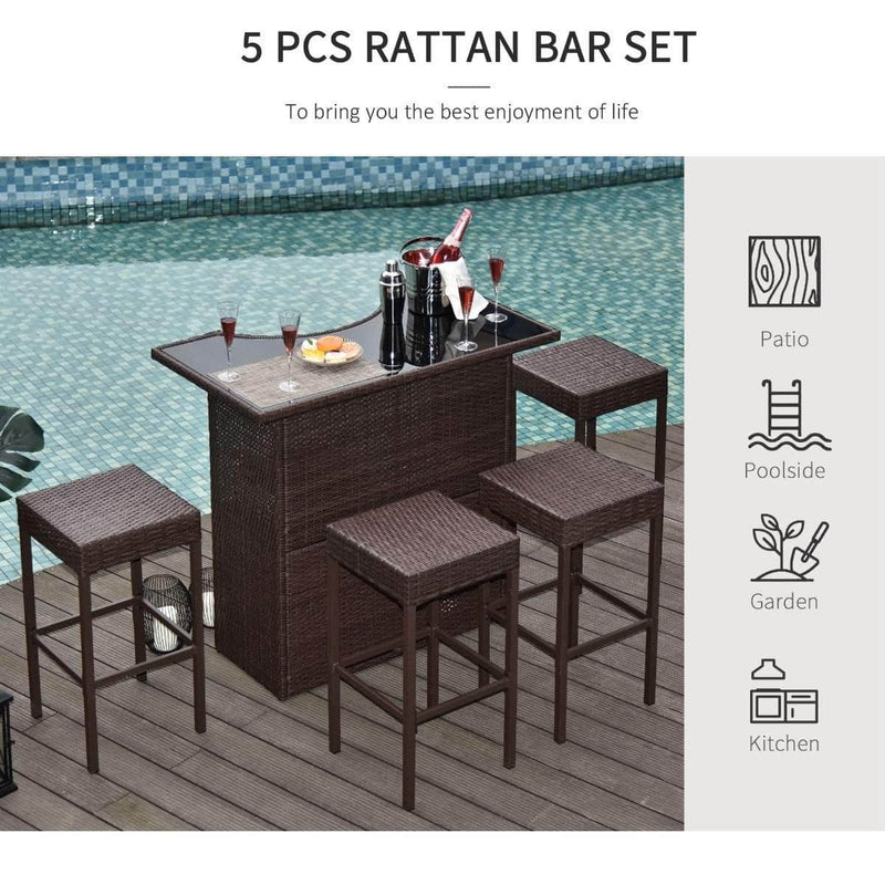 Aosom Bar Table 5 Piece Outdoor Patio Rattan Wicker Bar Table and Barstool Set in Dark Brown