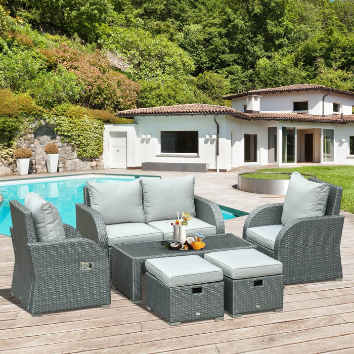 Aosom Conversation Set 6 Piece Outdoor Patio Rattan Wicker Conversation Set with Reclining Chairs in Grey