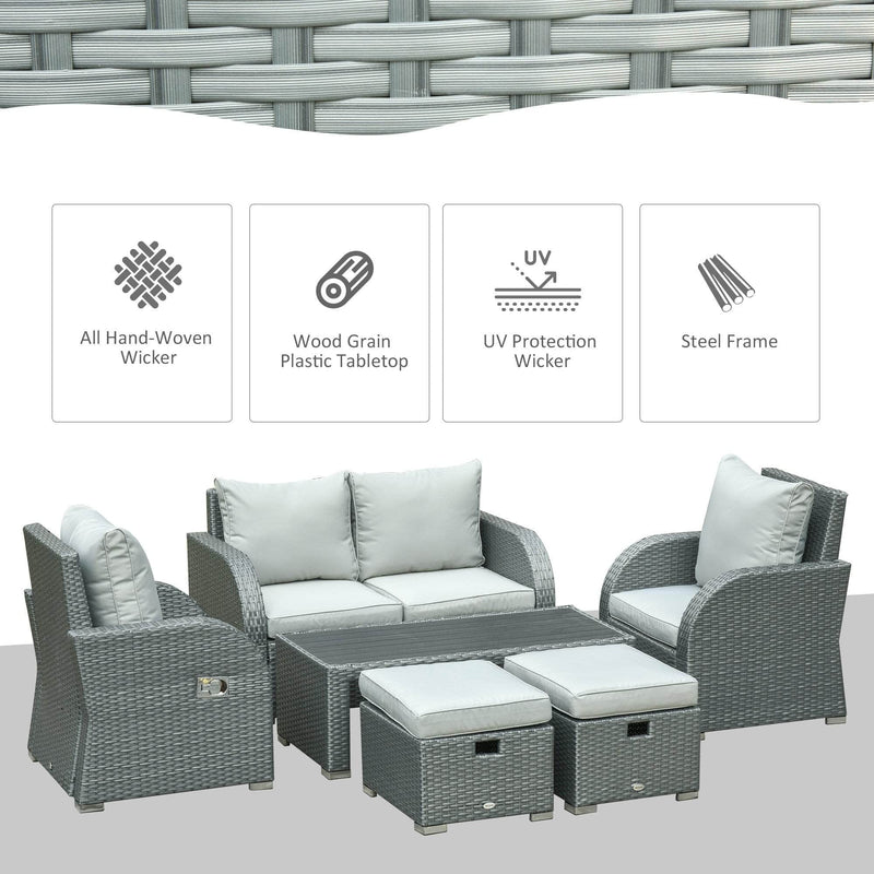 Aosom Conversation Set 6 Piece Outdoor Patio Rattan Wicker Conversation Set with Reclining Chairs in Grey