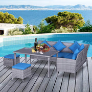 Aosom Dining Set 5 Piece Outdoor Patio Rattan Wicker Dining Table Set with Sectional Sofa and Two Ottomans in Bright Blue