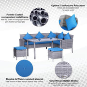 Aosom Dining Set 5 Piece Outdoor Patio Rattan Wicker Dining Table Set with Sectional Sofa and Two Ottomans in Bright Blue