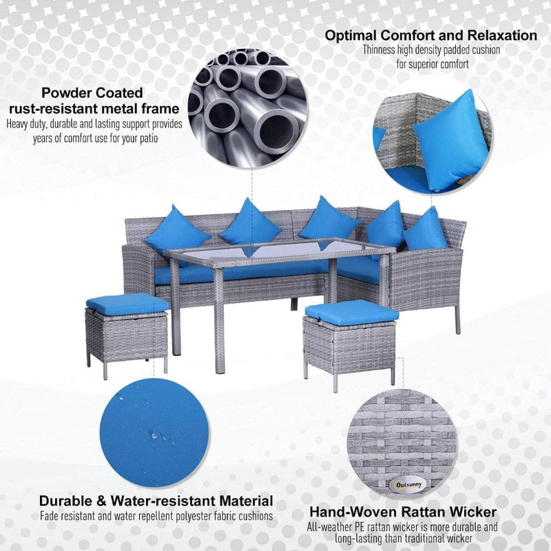 Aosom Dining Set 5 Piece Outdoor Patio Rattan Wicker Dining Table Set with Sectional Sofa and Two Ottomans in Bright Blue