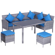 Aosom Dining Set 5 Piece Outdoor Patio Rattan Wicker Dining Table Set with Sectional Sofa and Two Ottomans in Bright Blue